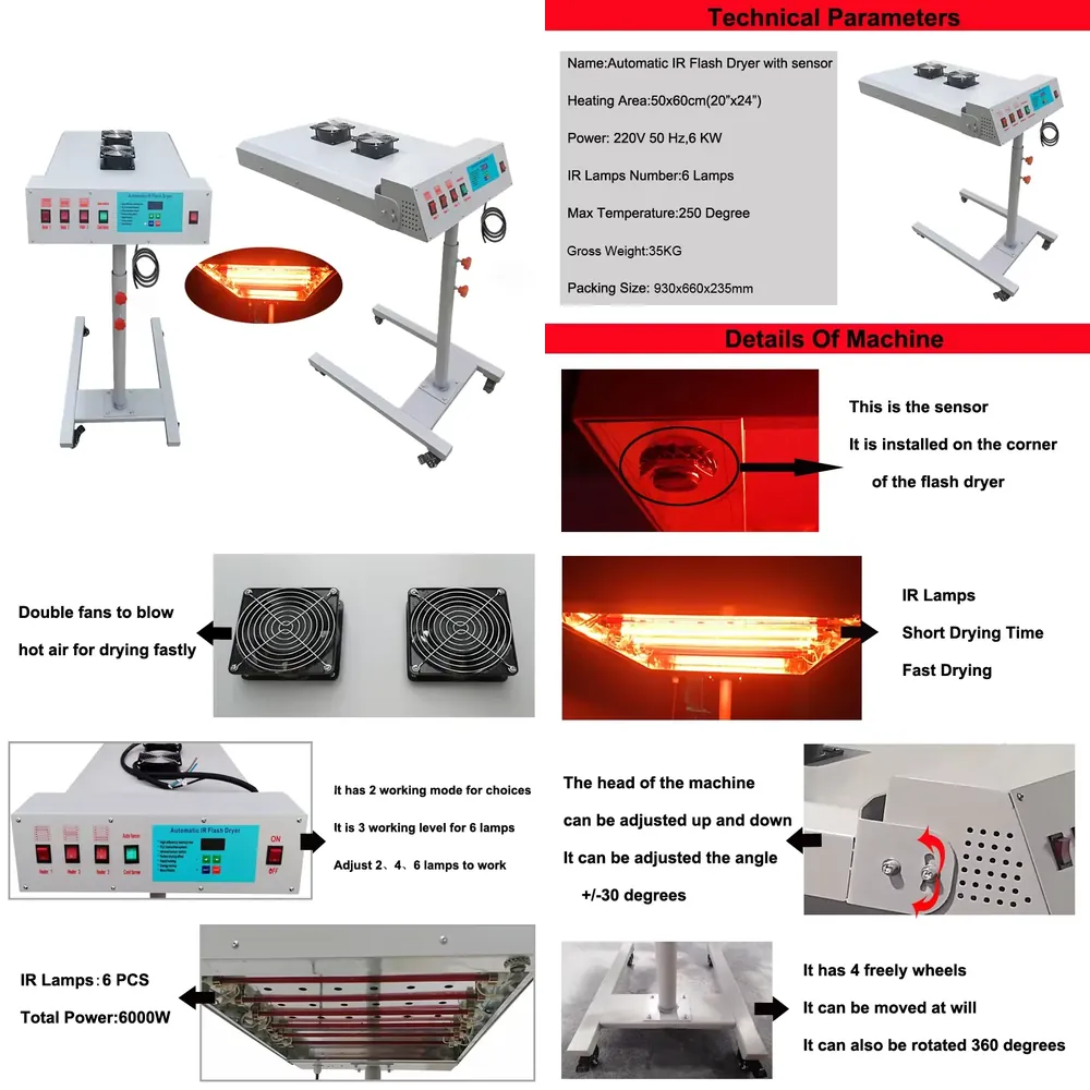 Flash Dryer Screen Print - 360-degree Rotation 6000W Auto T-shirts Screen